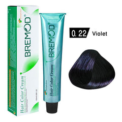 Bremod hair color cream tube with box and violet hair swatch (0.22)