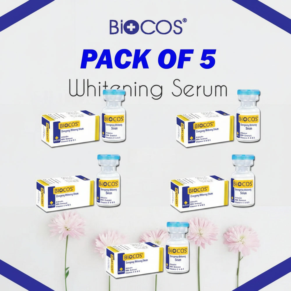Pack of 5 Biocos whitening serum bottles and cartons with pink flowers