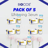 Pack of 5 Biocos whitening serum bottles and cartons with pink flowers