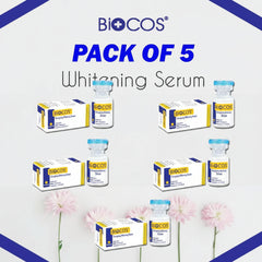 Pack of 5 Biocos whitening serum bottles and cartons with pink flowers