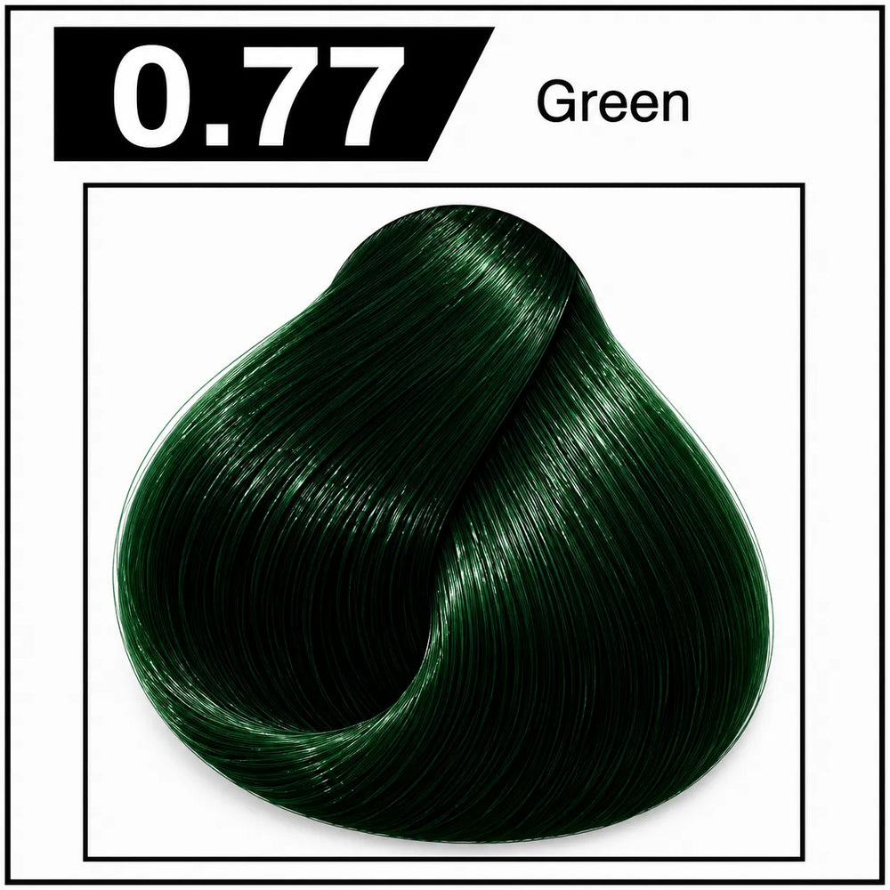 Bremod hair color 0.77 Green shade chart with dark green hair swatch