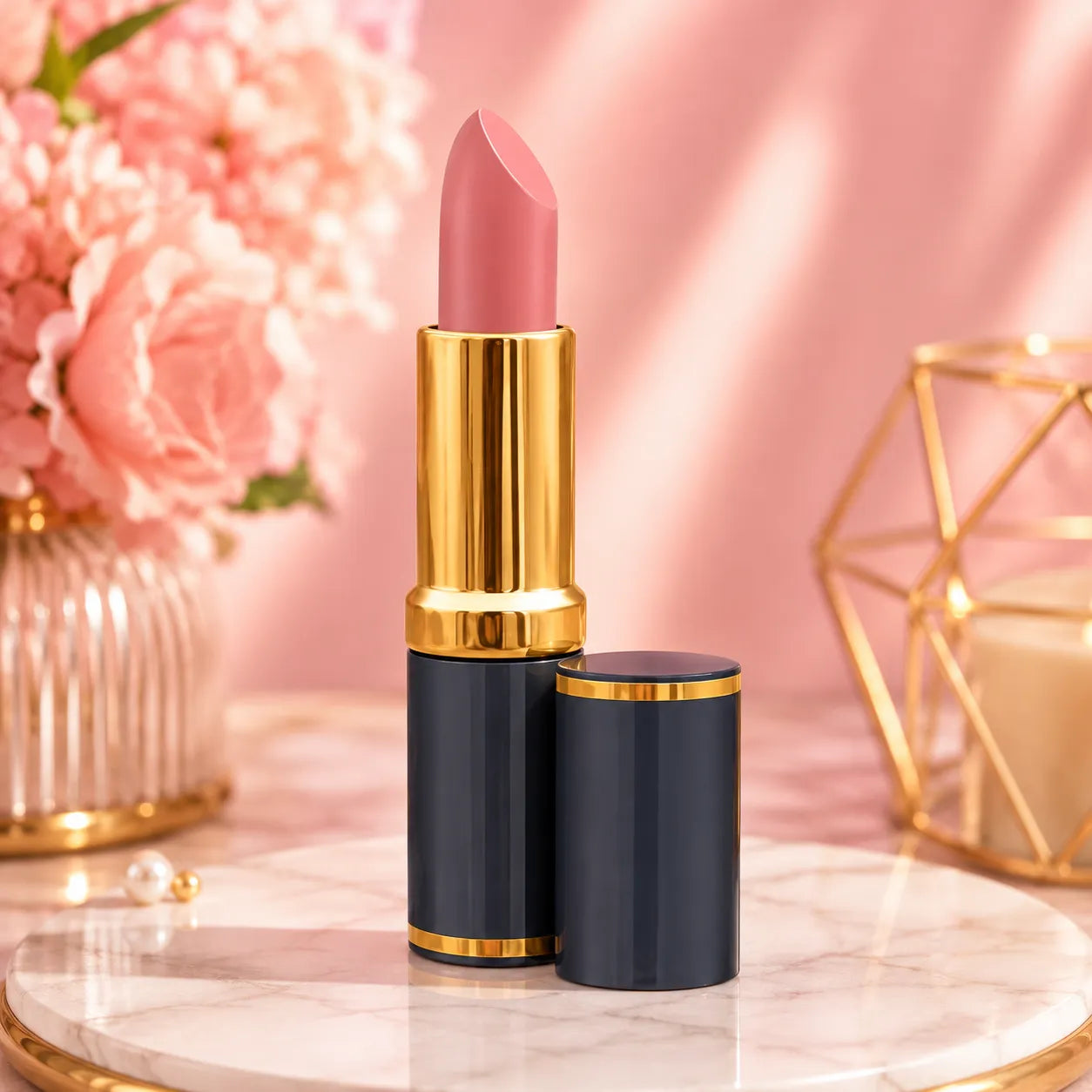 Medora matte lipstick bullet in rose-pink, gold cap and black tube