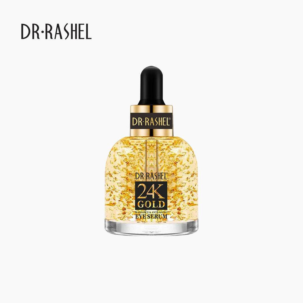 Eye serum bottle with black cap and gold 24K label on clear base