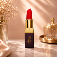 Genny Frost lipstick with red satin bullet and gold cap, burgundy tube