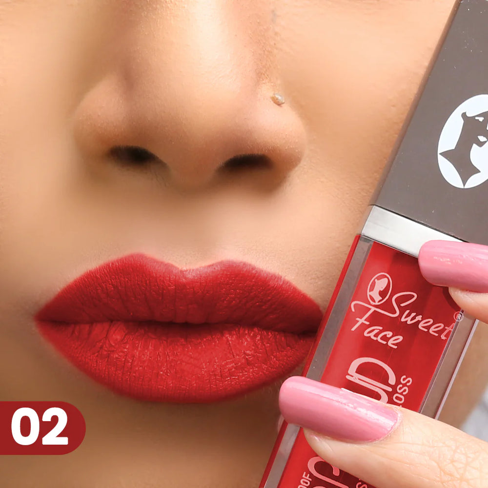 Lip gloss tube and wand applying red lip color, shade 02