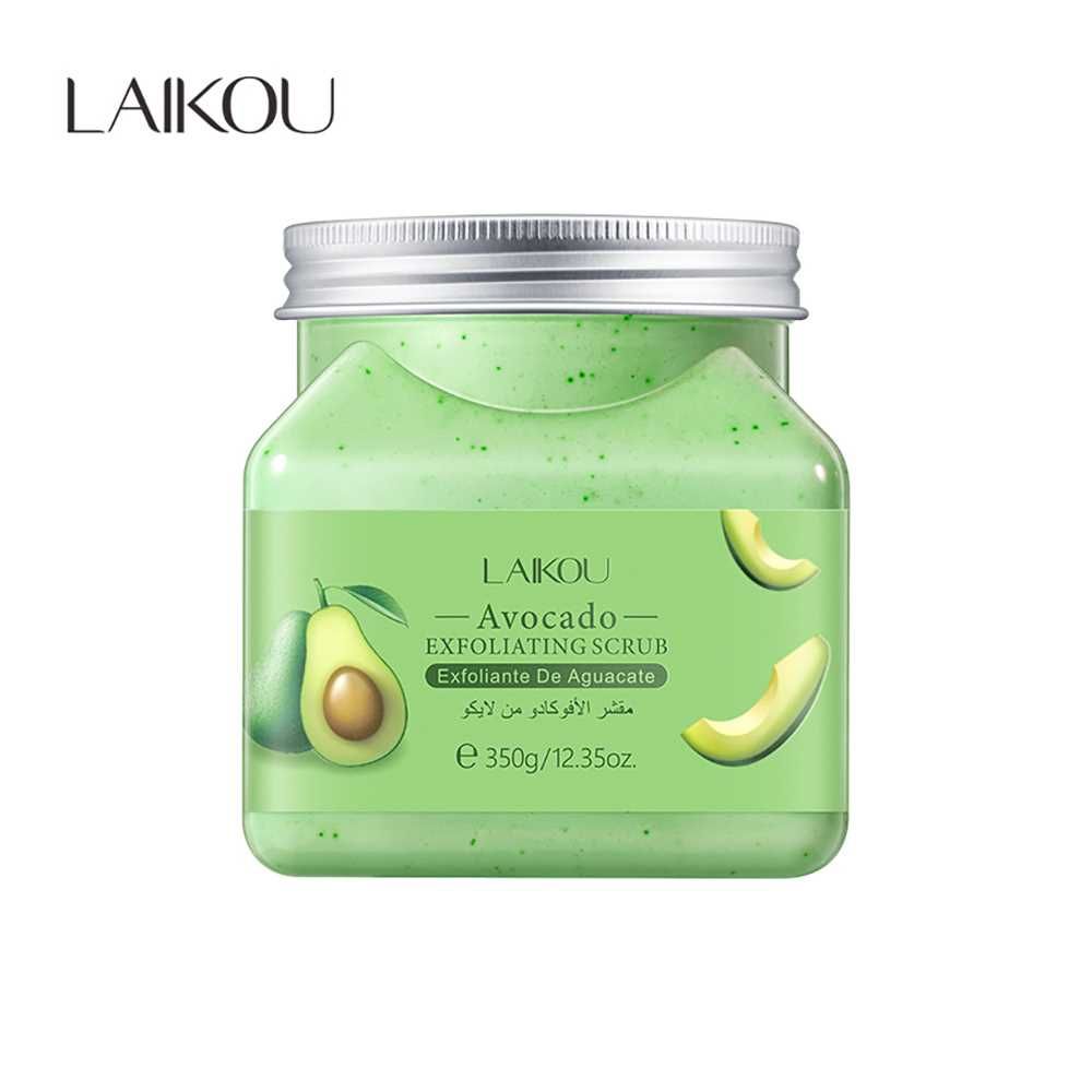 Body scrub jar with green avocado-exfoliant label and silver screw-top lid