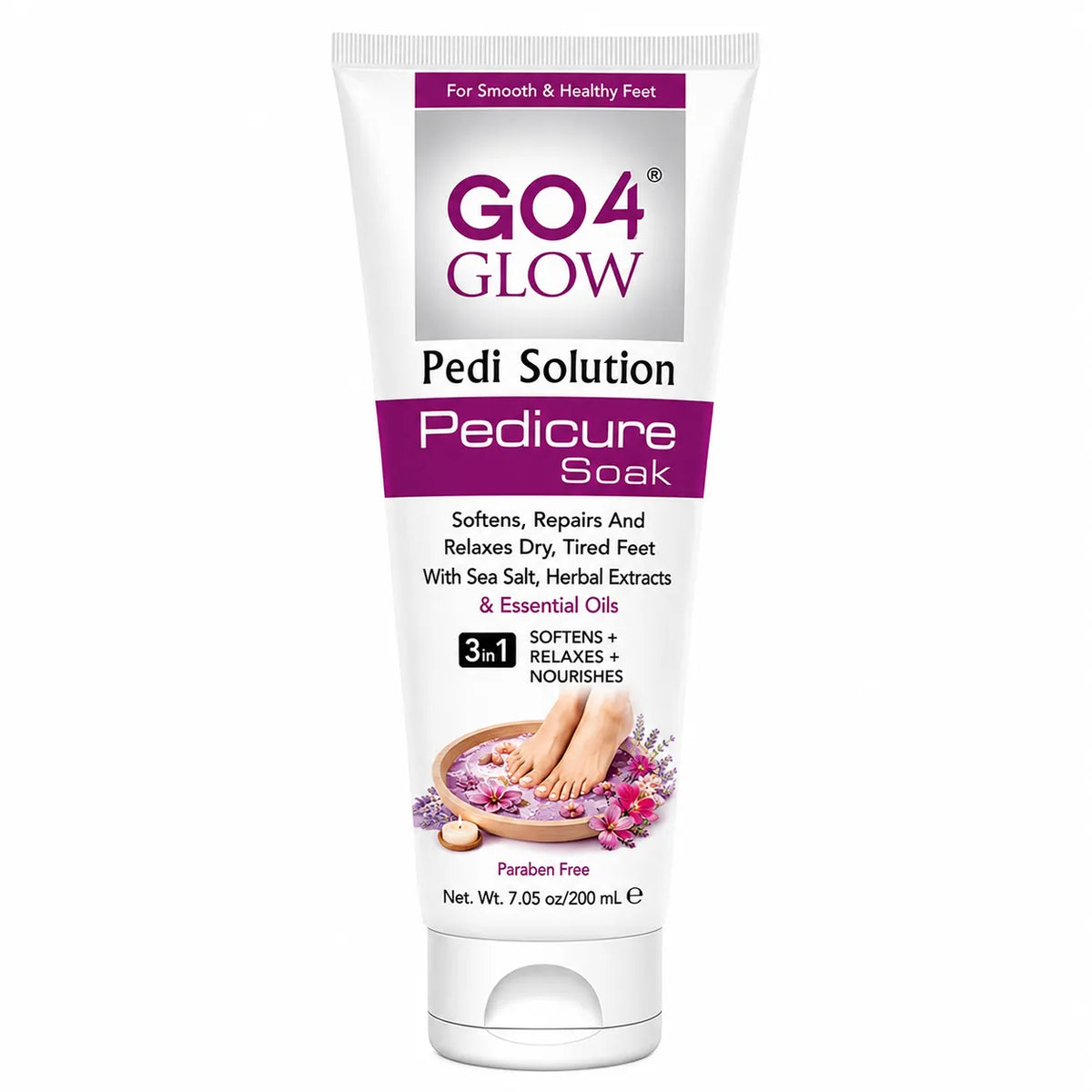 Go4Glow pedicure soak tube, 3-in-1 soothing and repairing, purple band, 200g