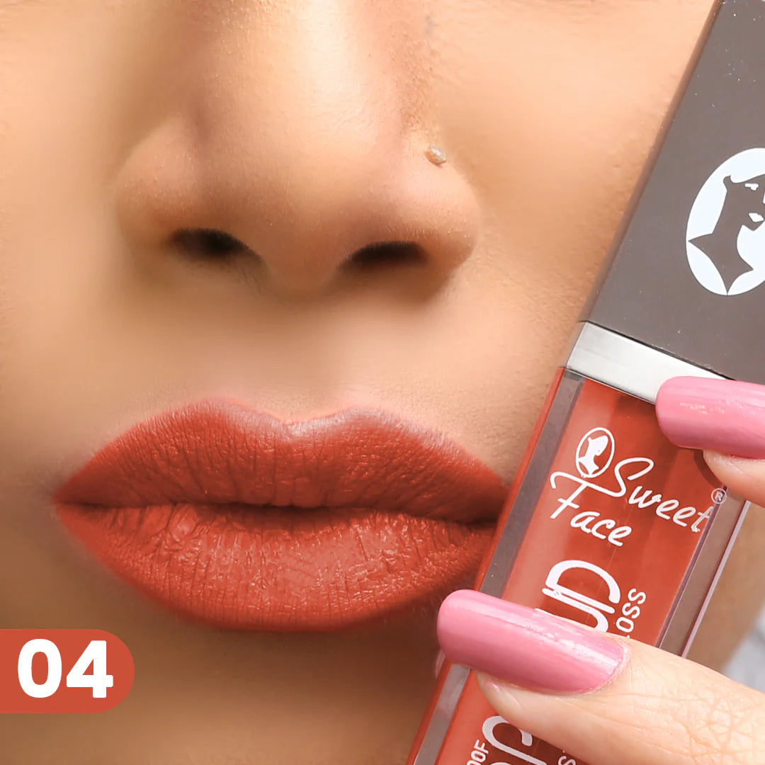 Lip gloss tube and wand applying orange-red lip color, shade 04