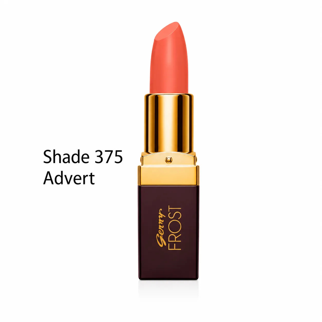Coral lipstick in gold holder on maroon tube labeled Shade 375 Advert