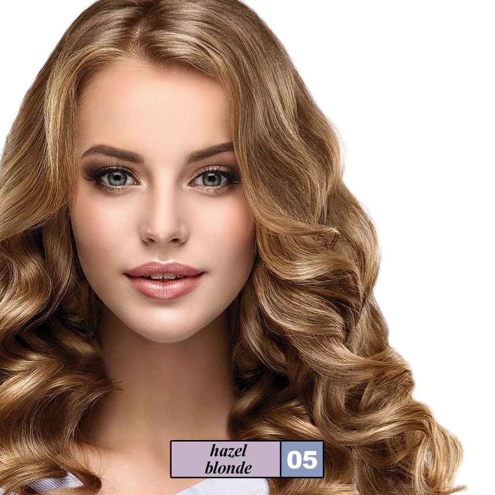 Hazel blonde hair colour on model with 05 hazel blonde label near chin