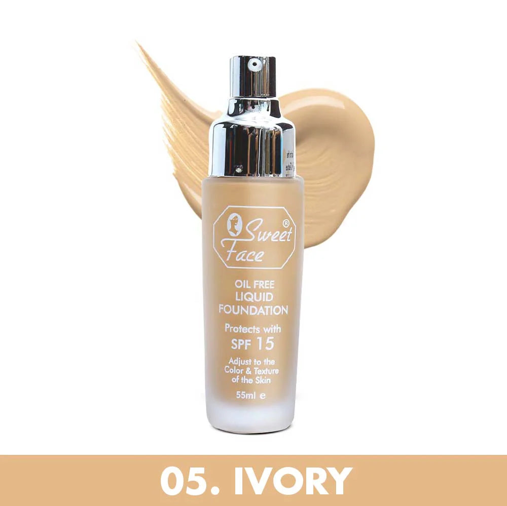 Oil-free liquid foundation bottle, shade 06 Rachel with light tan swatch