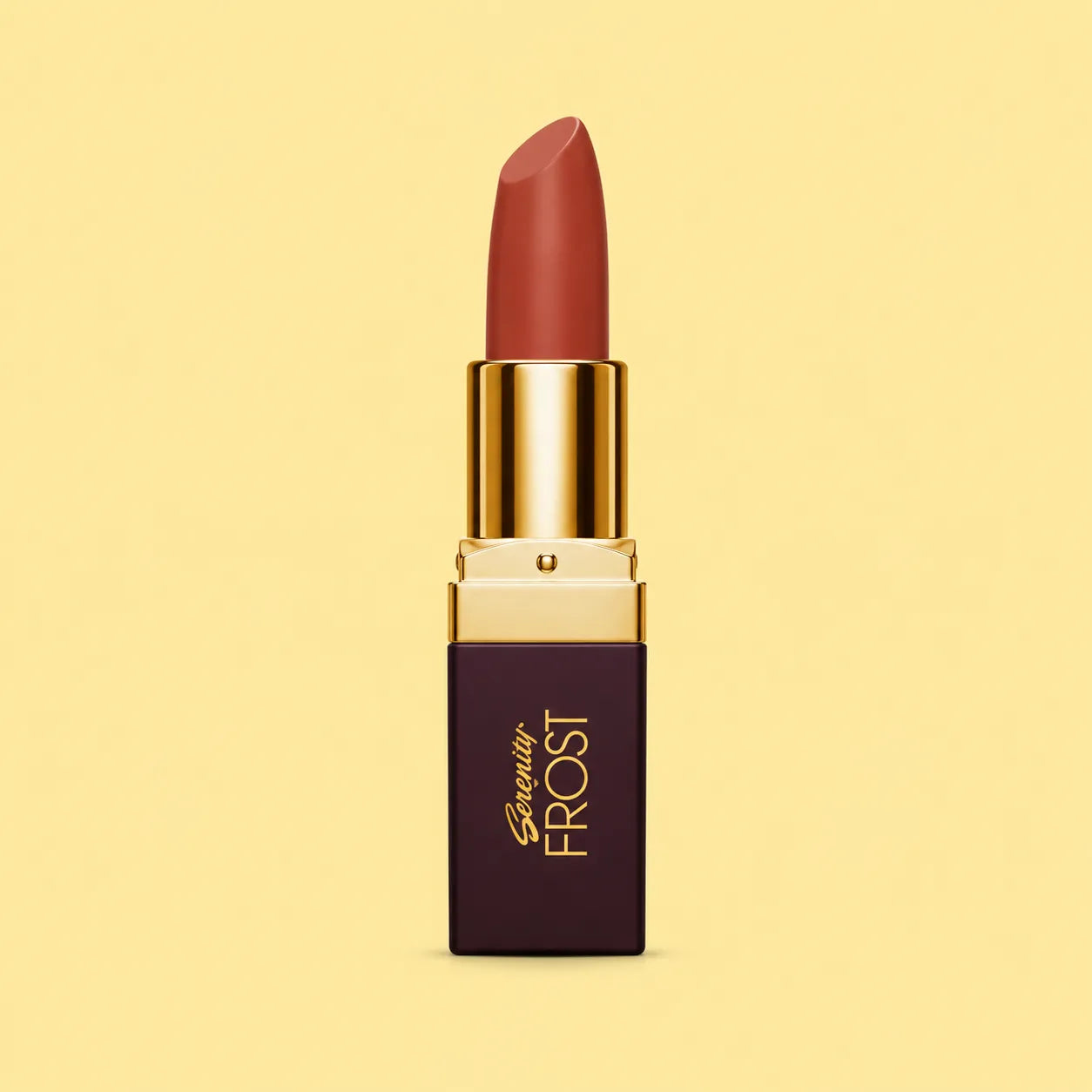 Genny Frost lipstick with reddish-brown bullet, gold rim, maroon rectangular case
