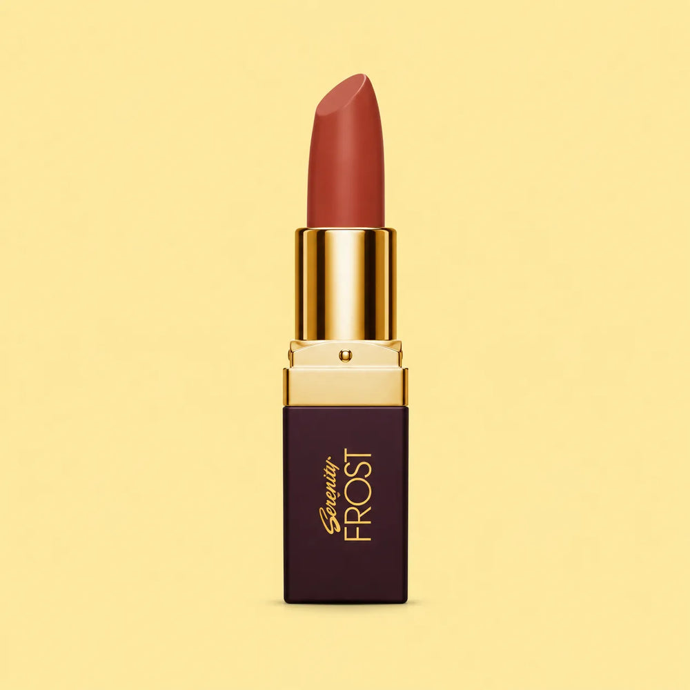 Genny Frost lipstick with reddish-brown bullet, gold rim, maroon rectangular case