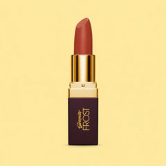Genny Frost lipstick with reddish-brown bullet, gold rim, maroon rectangular case