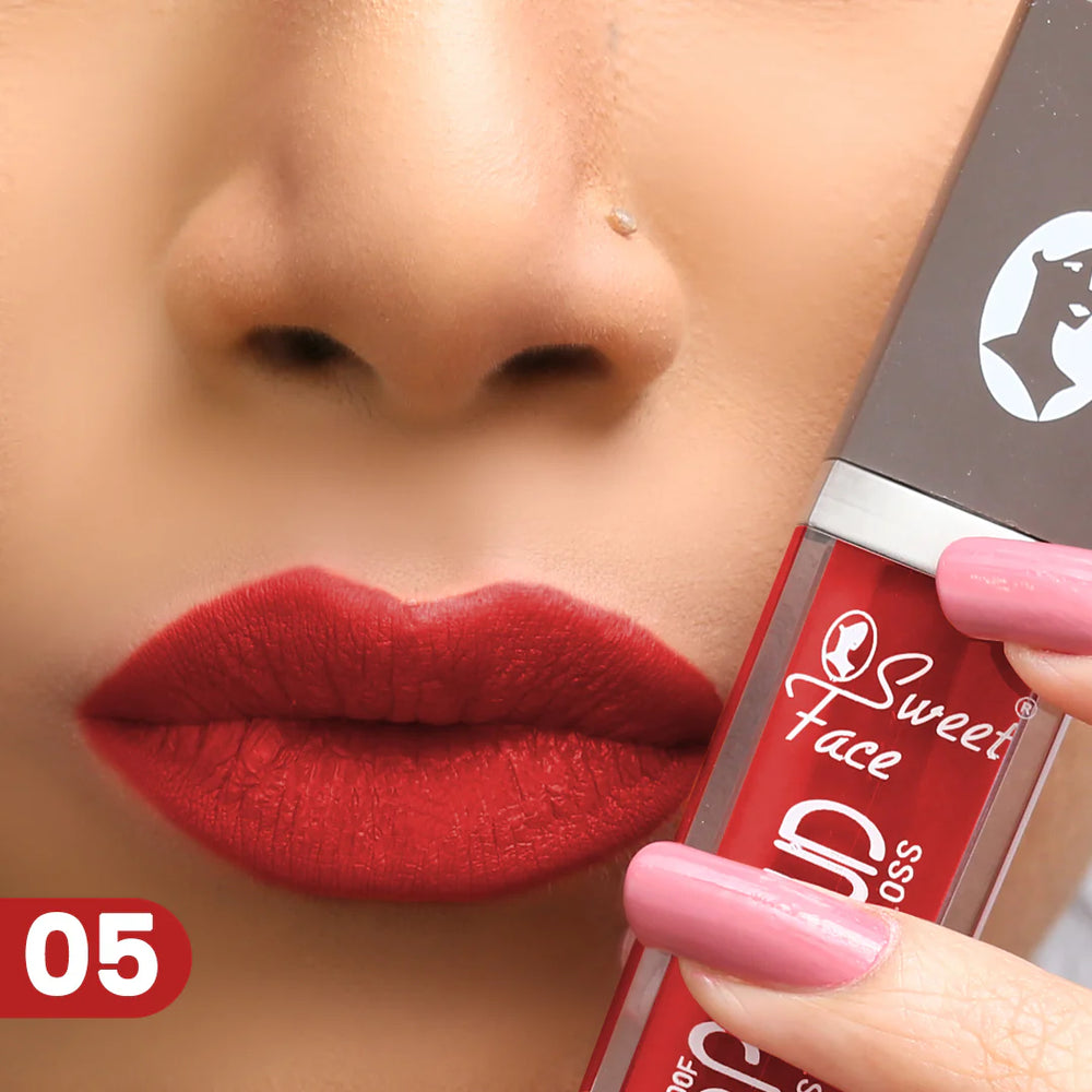 Lip gloss tube and wand applying bright red lip color, shade 05