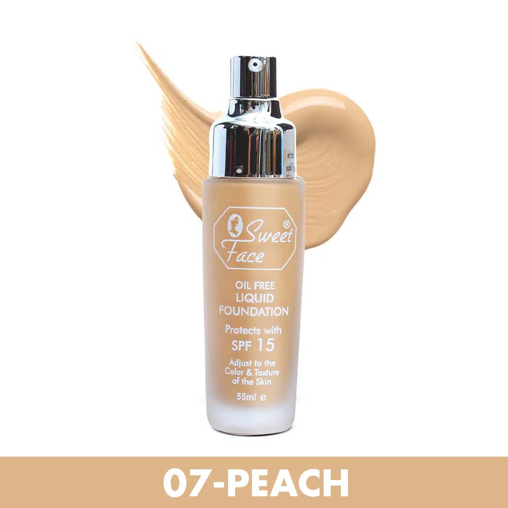Oil-free liquid foundation bottle, shade 06 Rachel with light tan swatch