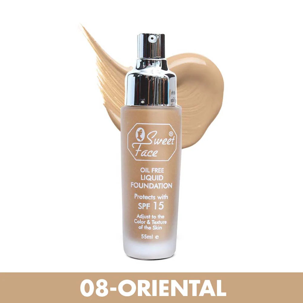 Oil-free liquid foundation bottle, shade 08 Oriental with deep tan swatch