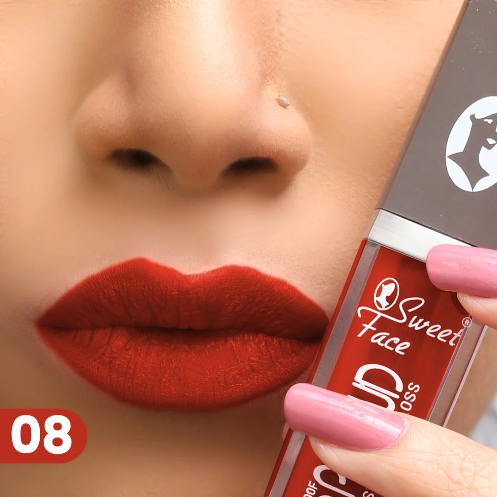 Lip gloss tube and wand applying orange-red lip color, shade 08