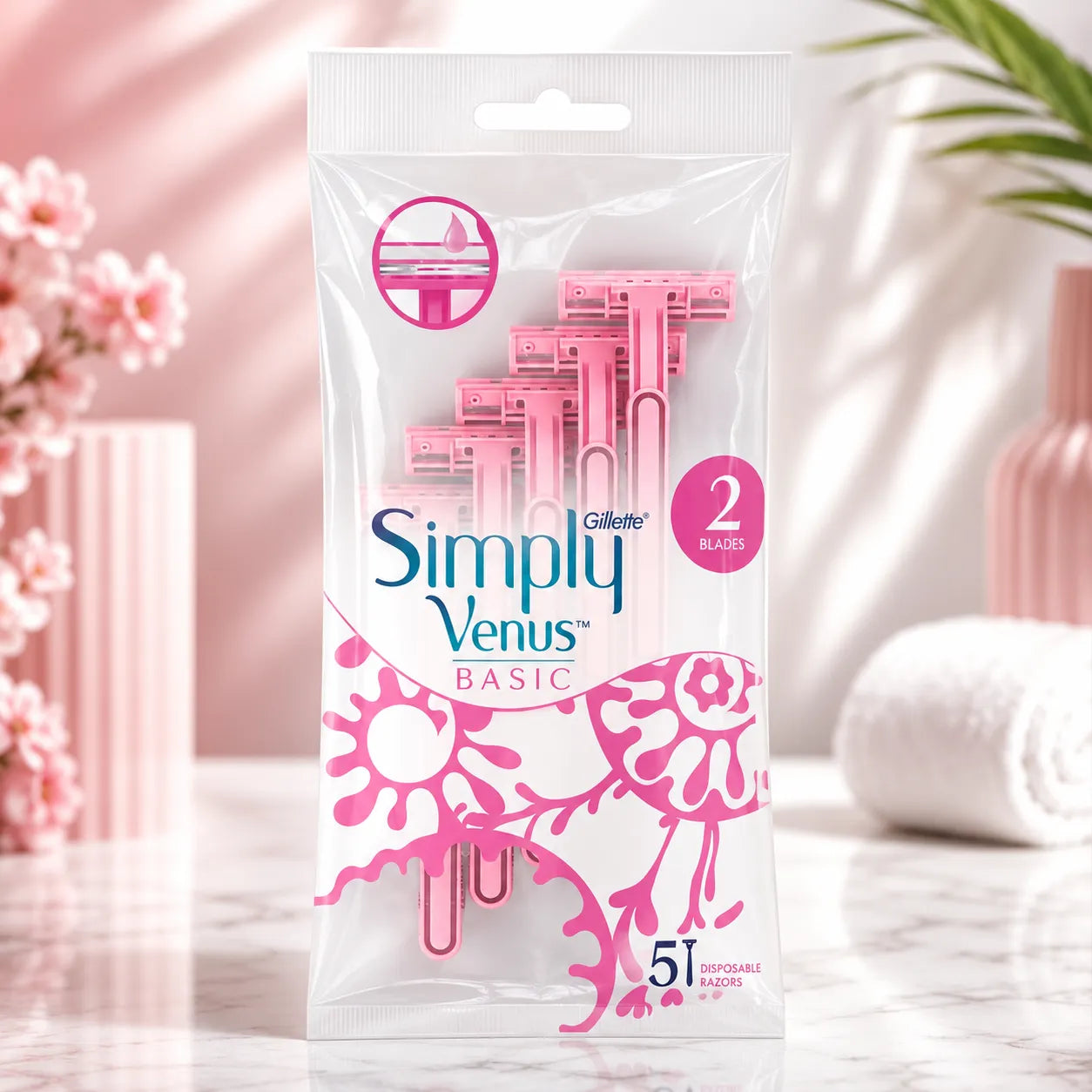 Hanging Simply Venus Basic razor blades pack, 5 disposables, 2 blades per razor