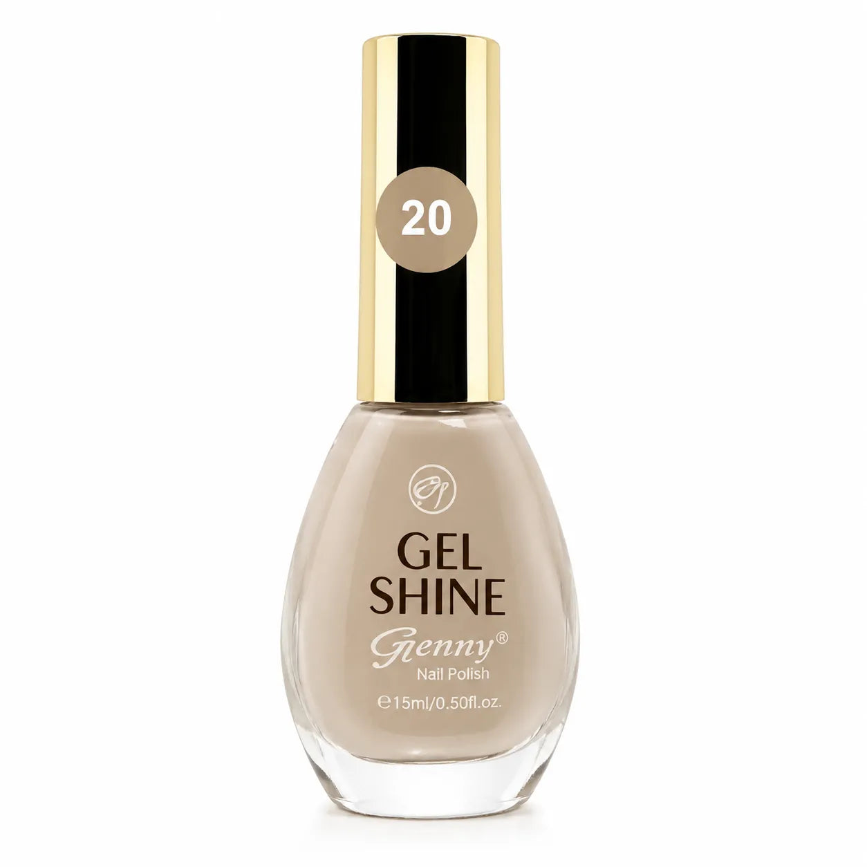 Beige gel shine nail polish bottle with gold cap, shade 20, 15 ml.