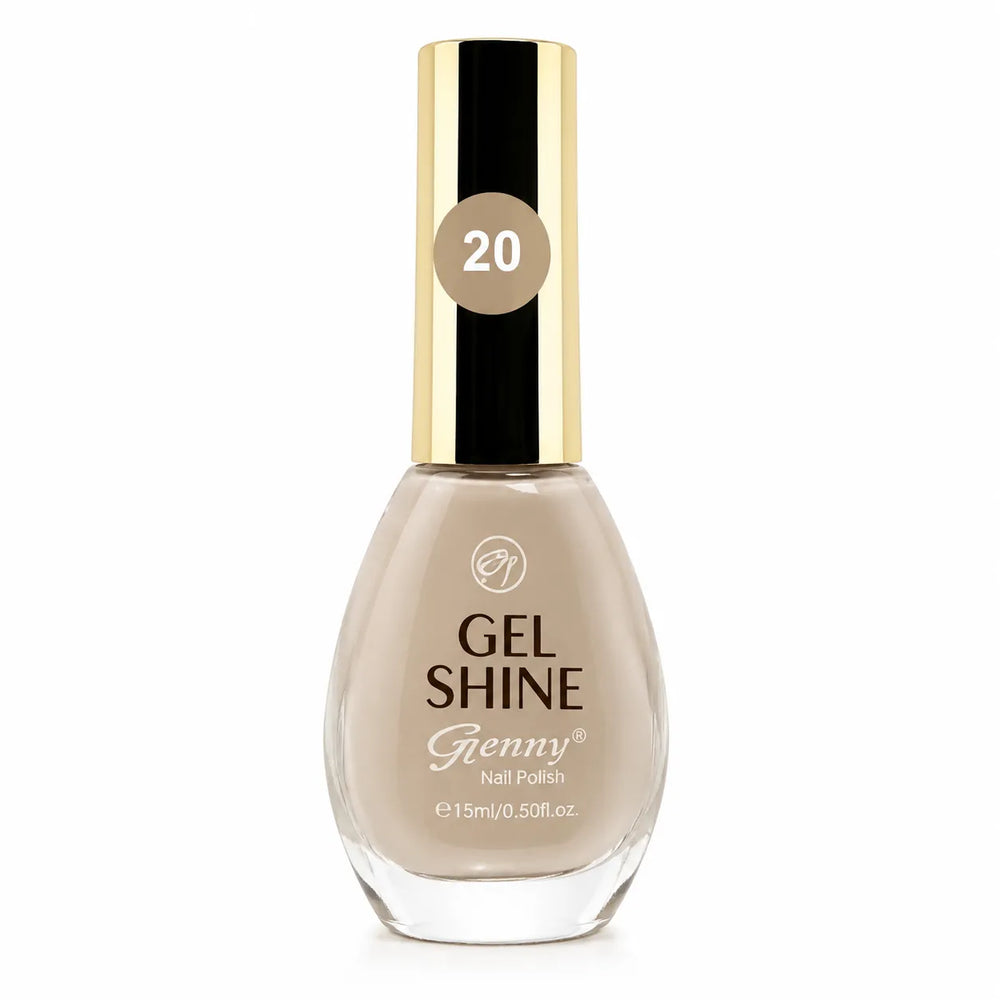 Beige gel shine nail polish bottle with gold cap, shade 20, 15 ml.