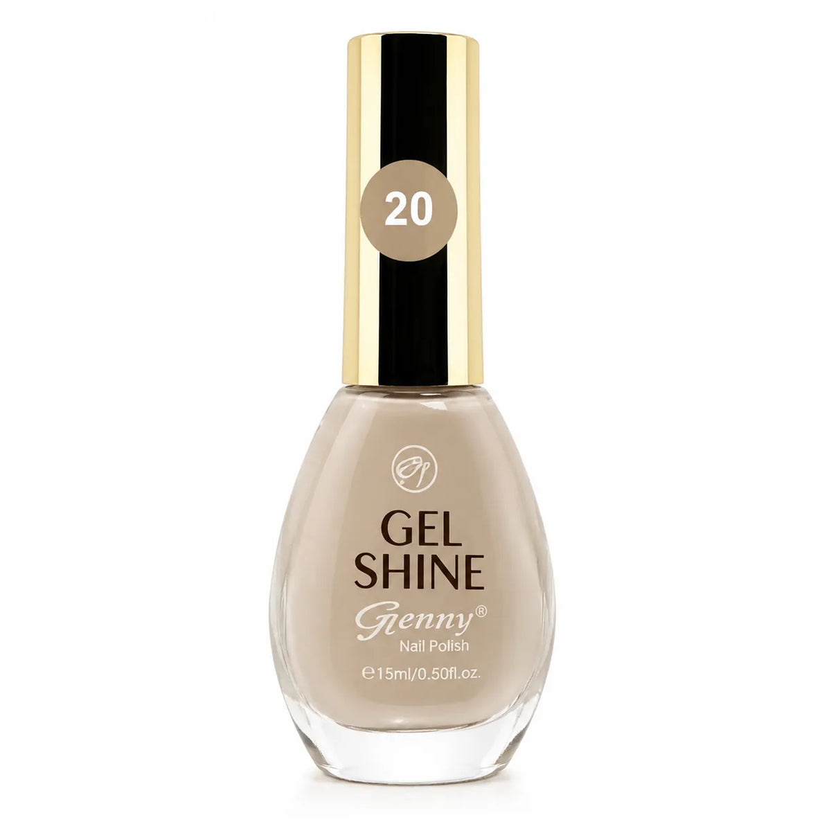 Beige gel shine nail polish bottle with gold cap, shade 20, 15 ml.