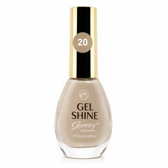 Beige gel shine nail polish bottle with gold cap, shade 20, 15 ml.