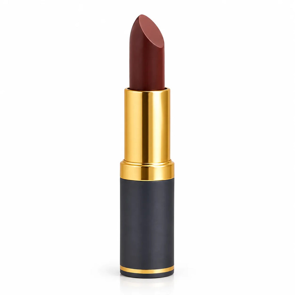 Gold matte lipstick in dark maroon, bullet up