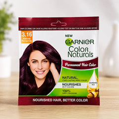 Garnier Color Naturals hair color sachet showing shade 3.16 Natural Burgundy.