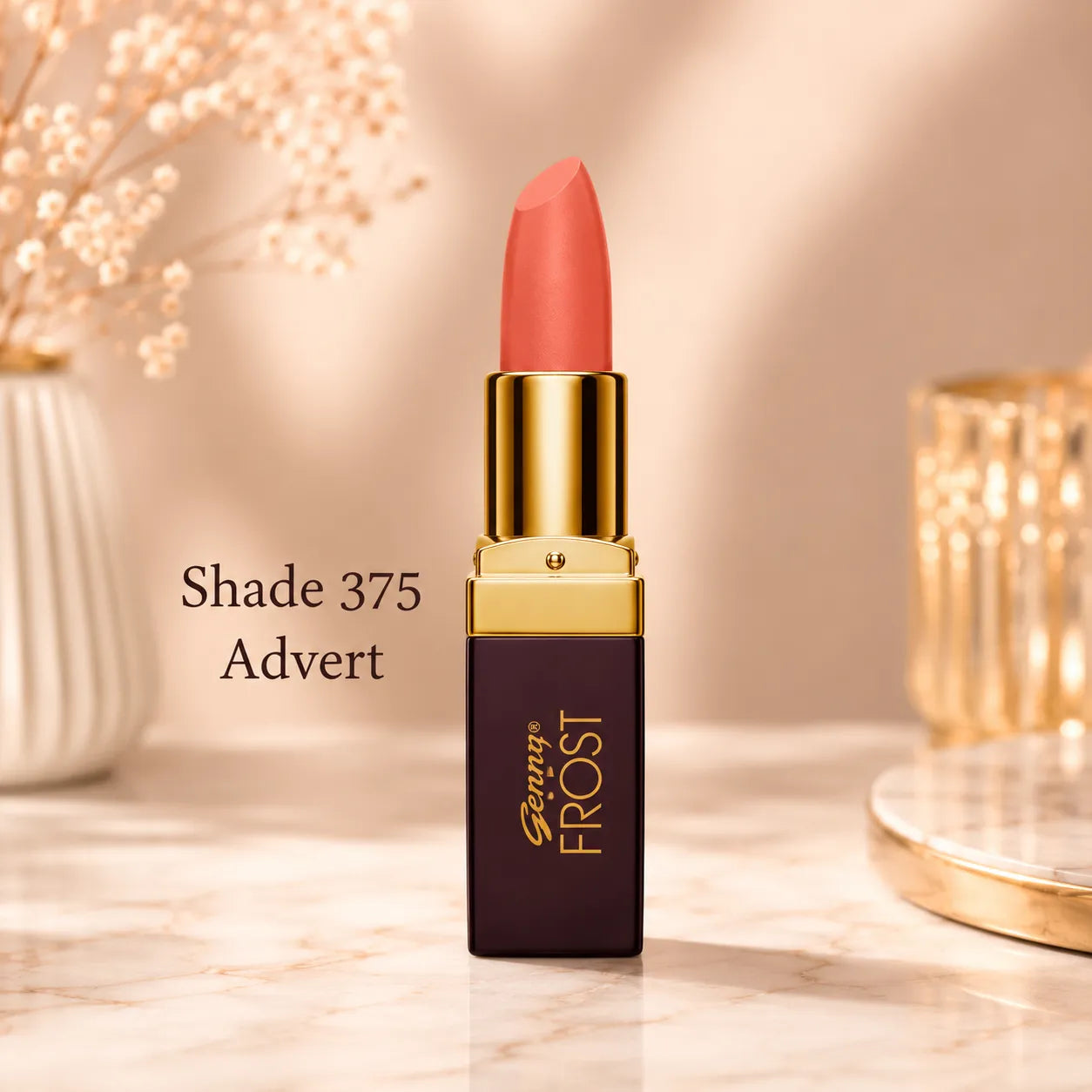 Coral lipstick bullet, gold top with maroon tube labeled Shade 375 Advert