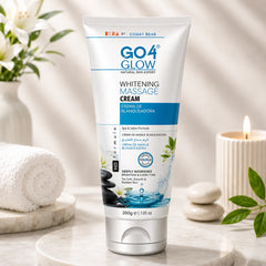 Whitening massage cream tube, white with blue stripe, silver bottom, 200g.