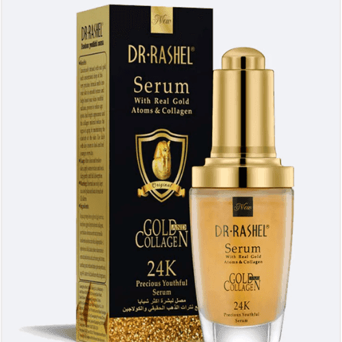 Dr Rashel gold collagen serum bottle with gold cap, beside tall product box, 24K
