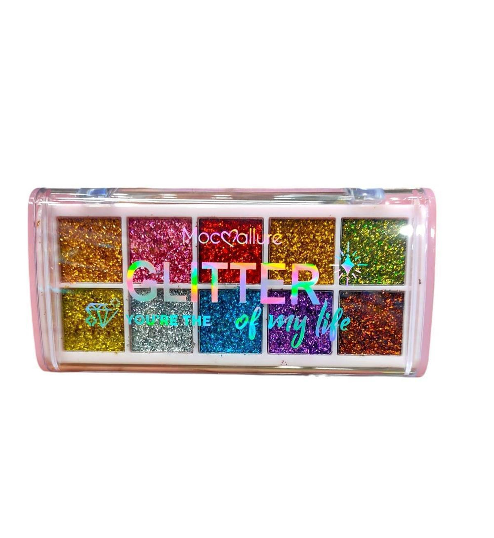 10-shade glitter palette in clear case with gold, green, blue, purple and red shades