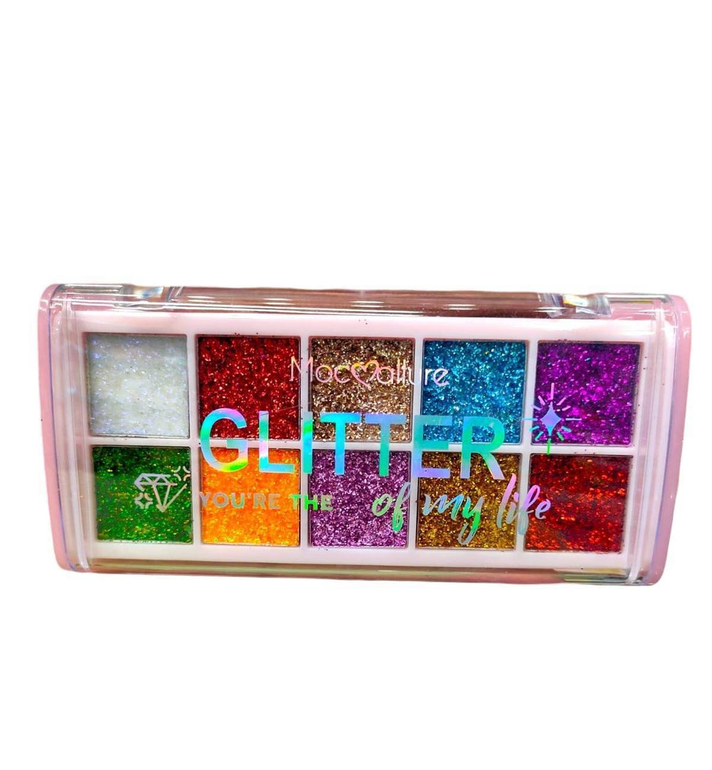 10-shade glitter palette in clear case with green, red, teal, purple glitter blocks
