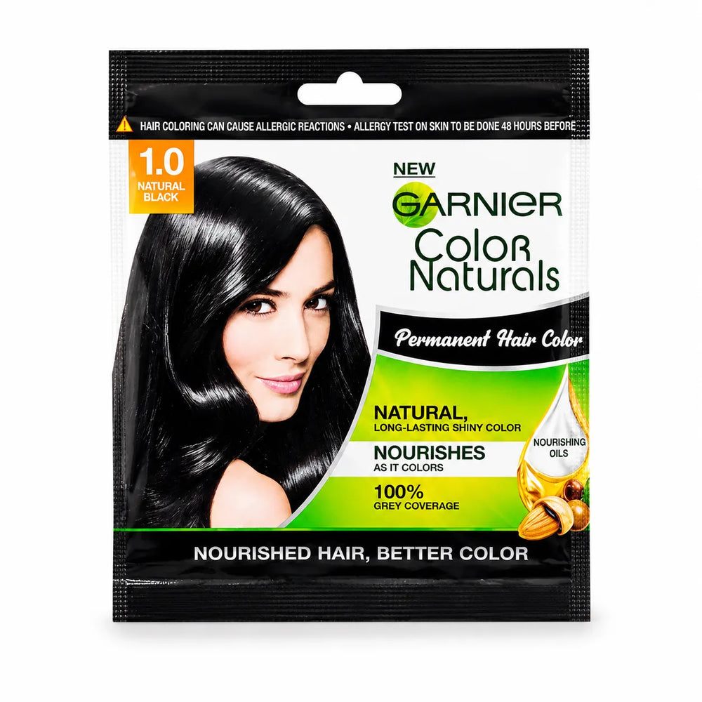 Hair color sachet, 1.0 natural black, front view with Nourishes and 100% gray coverage panel.