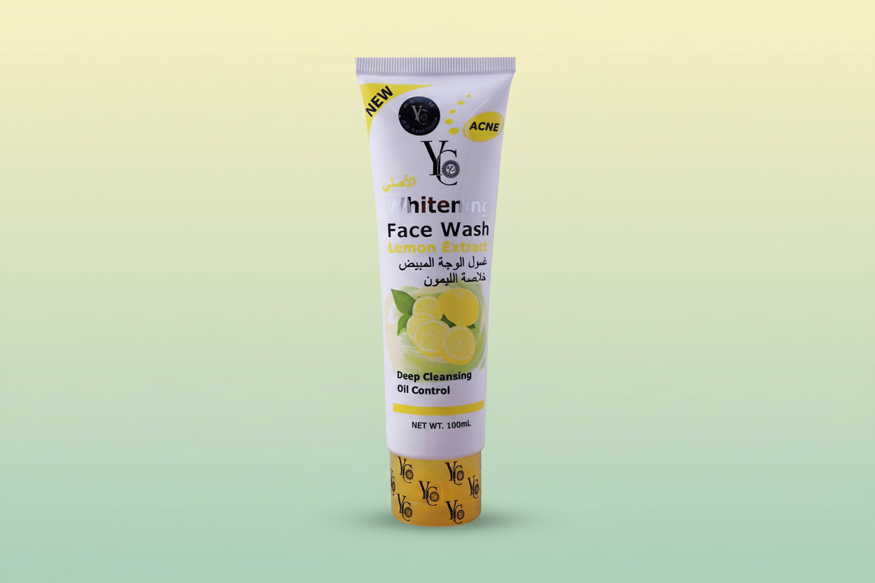 Whitening face wash tube with lemon extract, 100ml, purple with yellow accents.