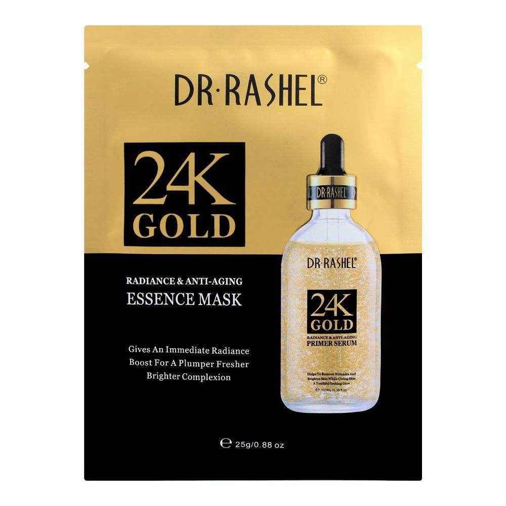 Essence mask packaging front with 24K gold serum bottle, dropper included