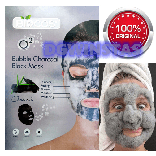 Biocos bubble charcoal black face mask pack with badge and person wearing mask