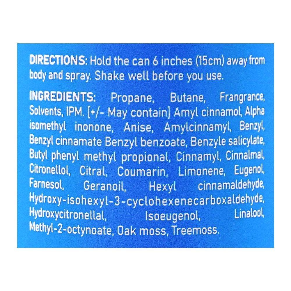 Body spray label with directions and ingredients text on a blue panel