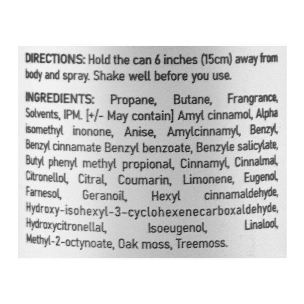 Body spray label with directions and ingredients text