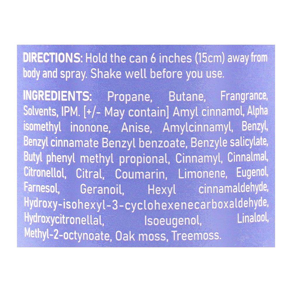 Body spray can label with directions and ingredients text