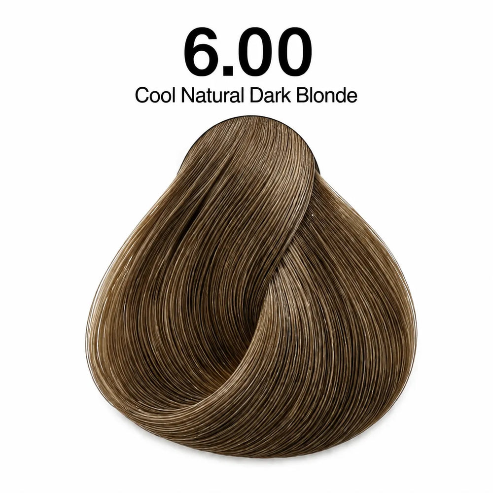 Hair color shade swatch 6.00 cool natural dark blonde, curled hair texture sample.