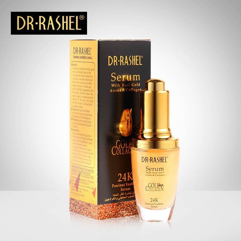 Dr Rashel 24K gold collagen serum bottle with gold cap and gold box, front view