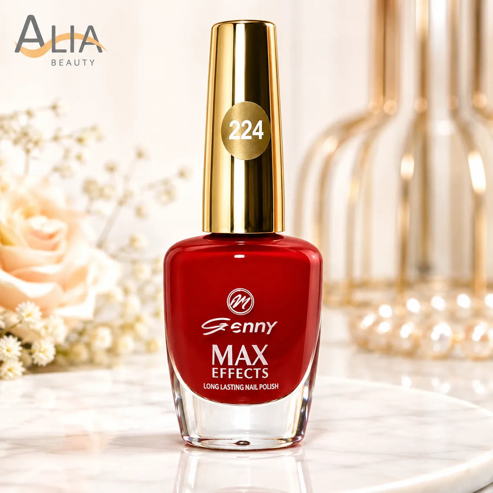 Genny MAX Effects long-lasting nail polish bottle, deep red, metallic gold cap