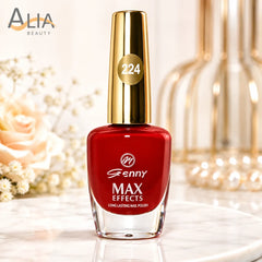 Genny MAX Effects long-lasting nail polish bottle, deep red, metallic gold cap
