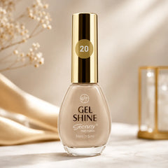 Beige gel shine nail polish bottle with gold cap, shade 20, 15 ml.