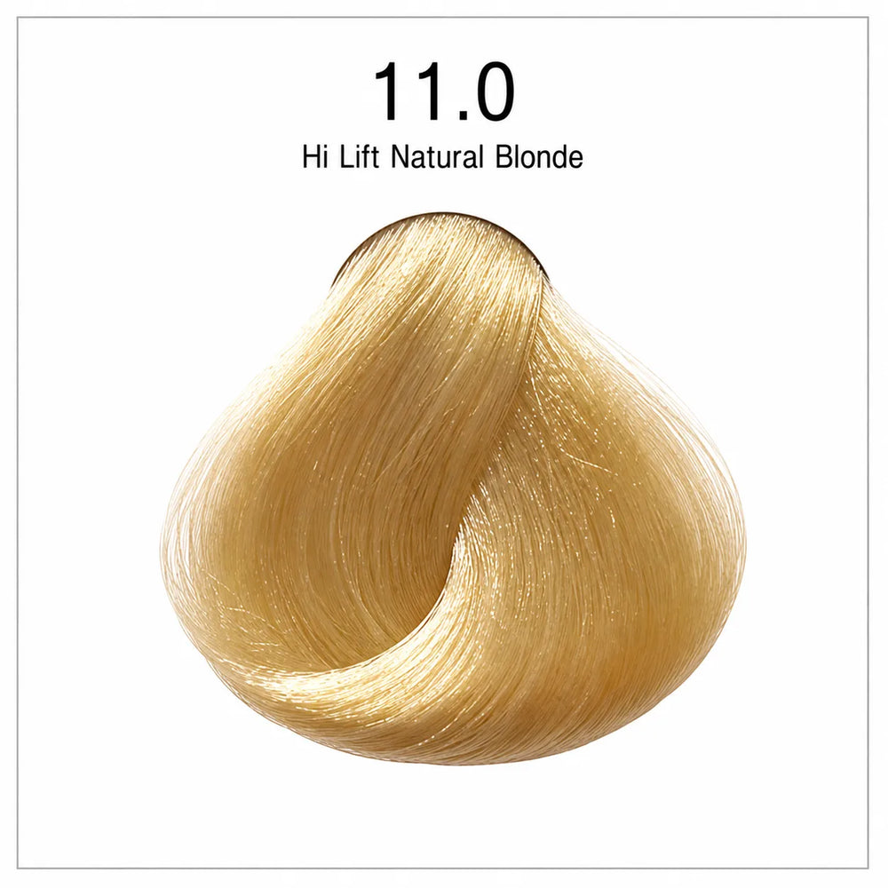 Hair color shade swatch 11.0 hi lift natural blonde, curled hair texture sample.