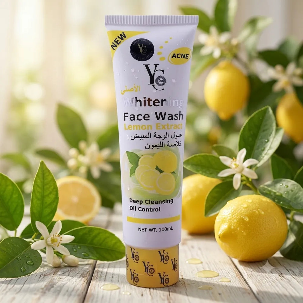 Face wash tube with lemon extract, 100ml, purple tube with lemon graphics and yellow trim.