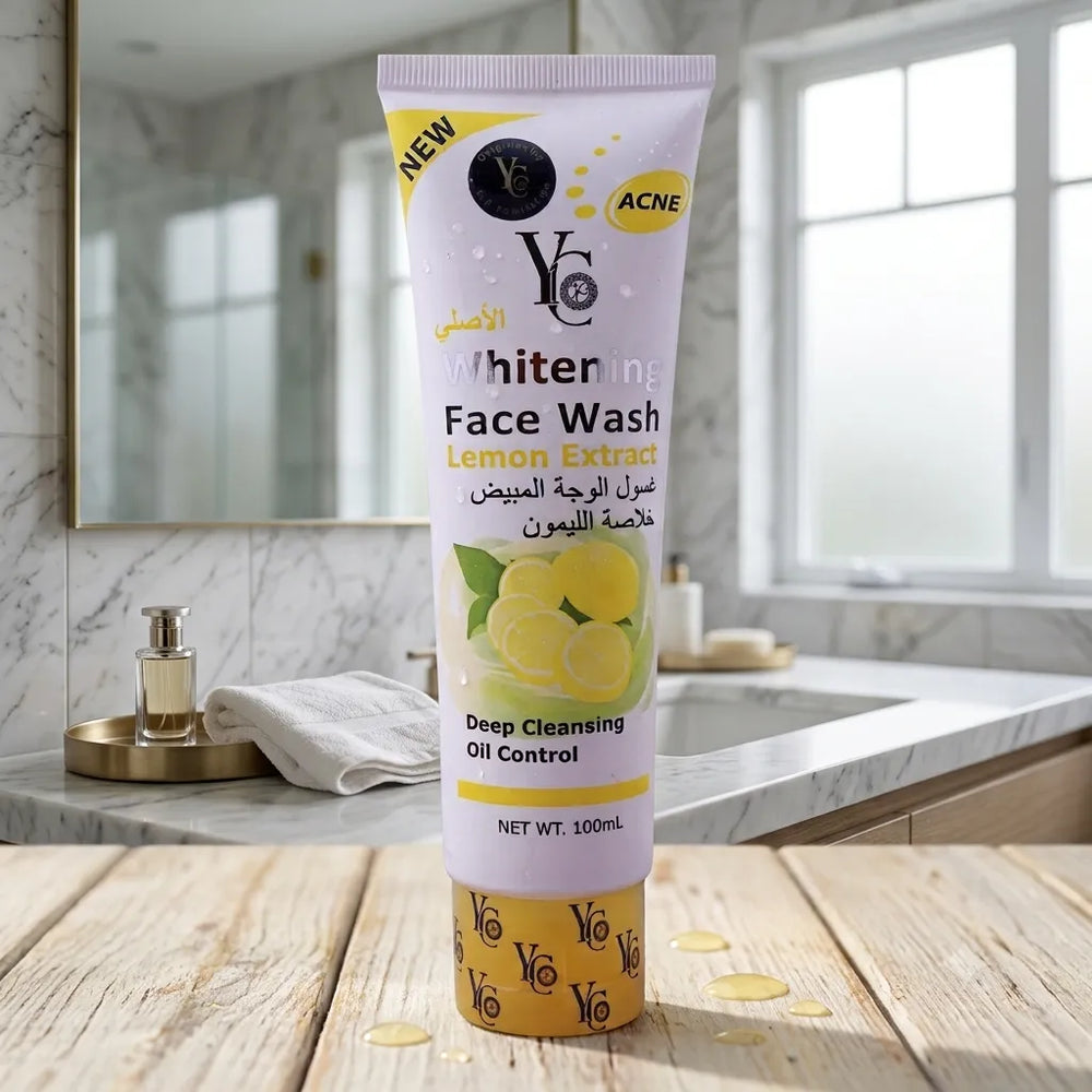 Face wash tube with lemon extract, 100ml, front label visible on purple and yellow design.