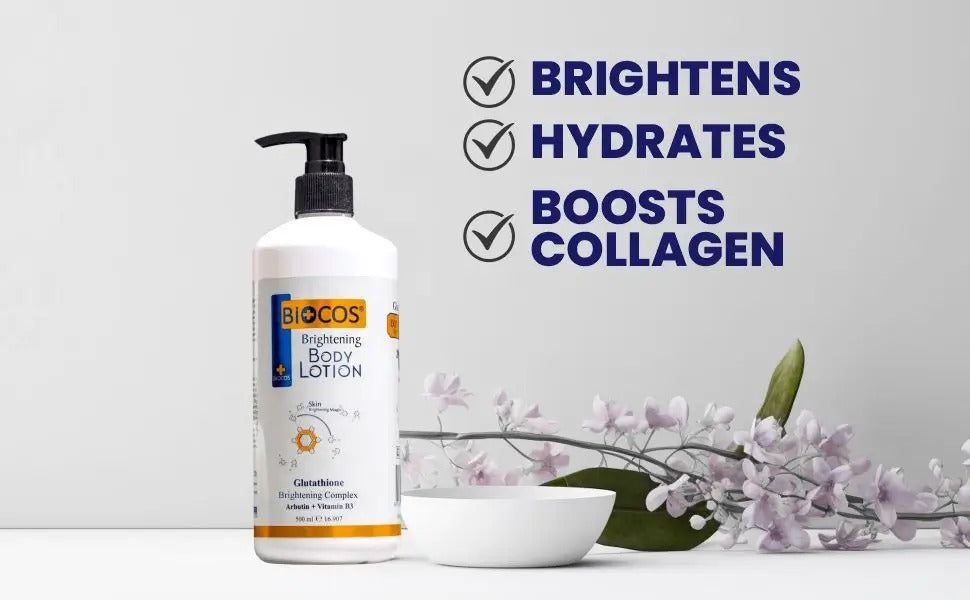 Biocos whitening body lotion bottle and pump, 500 ml, label visible